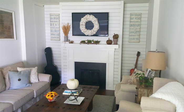 converted garage living room decorated for fall